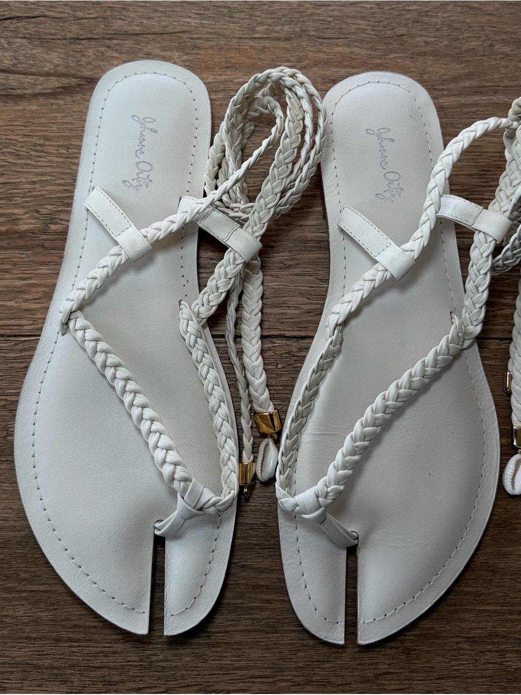 Jessica White Braided Toe-Loop Sandals With Gold Accents